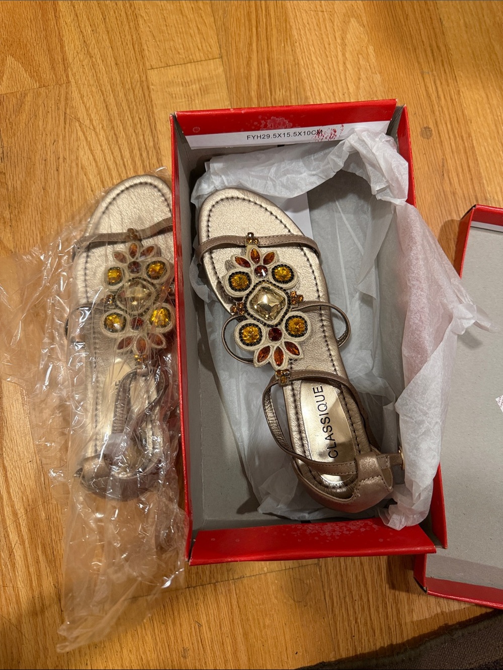 CLASSIQUE Women's Metallic Bronze Jewel T-Strap Sandals - Bronze